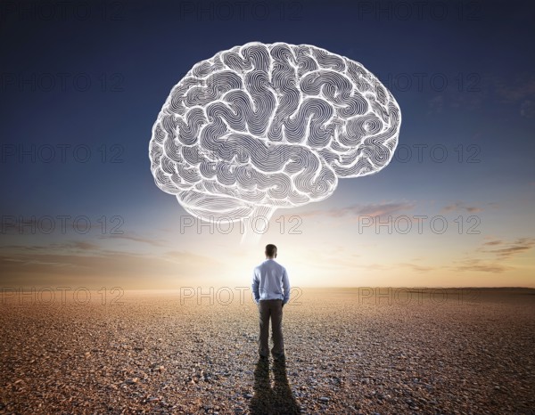 A lone figure stands before a giant brain floating in a surreal desert setting, symbolizing