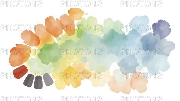 A vibrant display of abstract watercolor artwork featuring a spectrum of soft and bright hues,