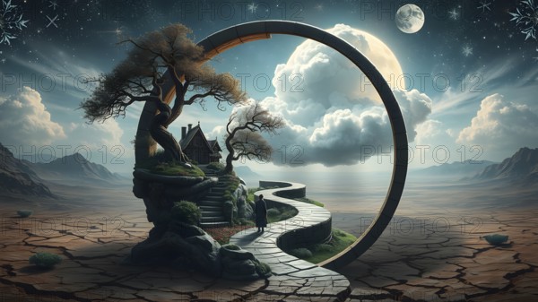 A captivating artwork depicting a circular portal revealing a dreamy world with treehouses, lush