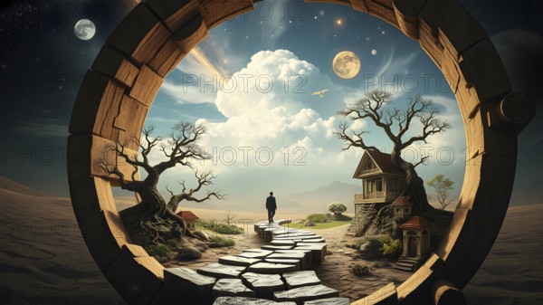 A captivating artwork depicting a circular portal revealing a dreamy world with treehouses, lush