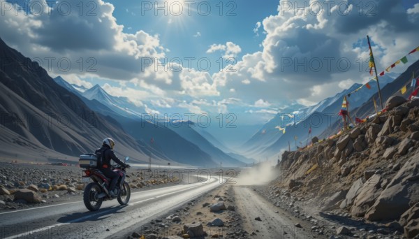 A motorcyclist is seen riding on a winding road through a majestic mountain valley, with prayer