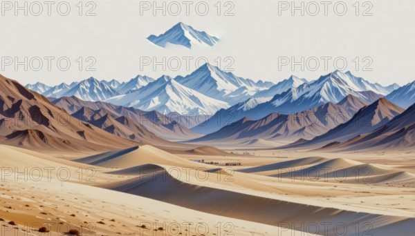 An artistic depiction of a desert scene, featuring rolling sand dunes, distant mountains, and a