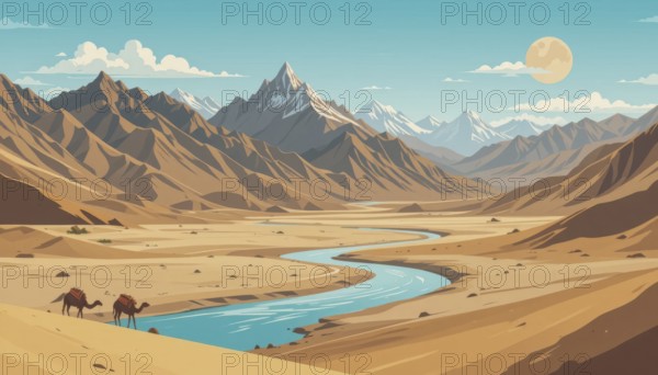 A serene desert landscape painting depicts a river winding through the valley, with mountains and