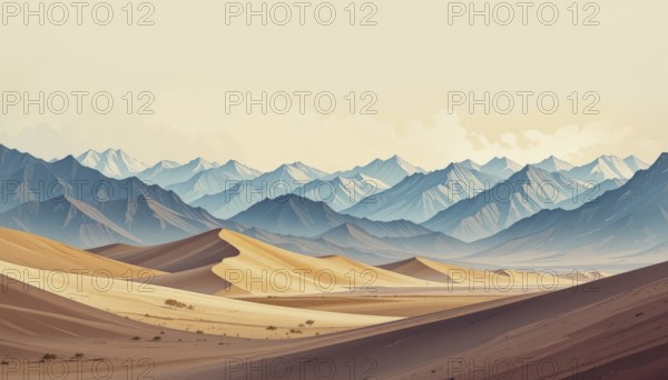 This artwork showcases a stunning desert scene with rolling sand dunes and a backdrop of layered,