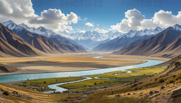 A stunning vista of a river snaking through a valley, framed by majestic mountains under a bright
