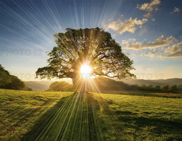 An awe-inspiring scene showcasing the sun's rays bursting through a solitary tree, illuminating a