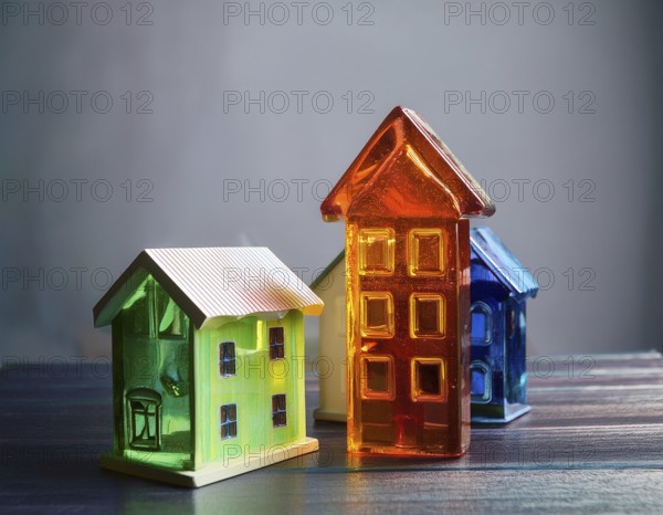 A collection of small glass model houses with cozy lighting, creating a warm and inviting