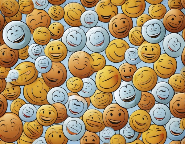 Colorful illustration featuring a seamless pattern of cheerful smiley faces on a blue surface,