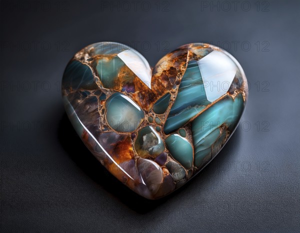 A heart-shaped gemstone with vivid colors placed on a textured surface, capturing an elegant and