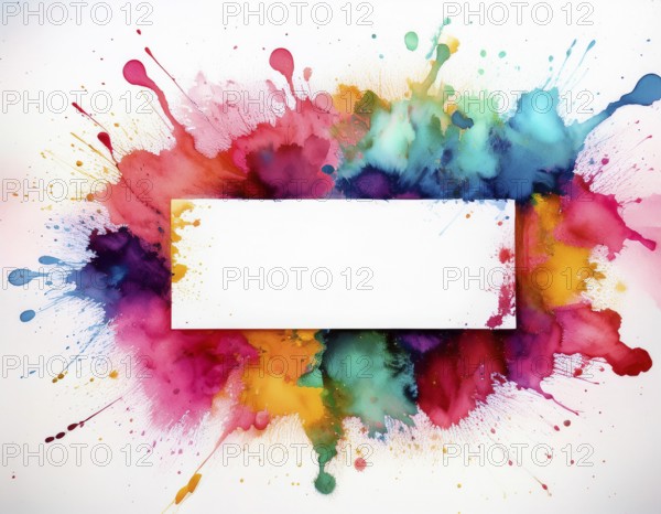 Vibrant watercolor splash in rainbow hues framing a oval white blank circle, perfect for creative