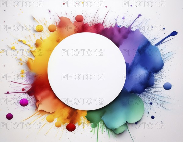 Vibrant watercolor splash in rainbow hues framing a central white blank circle, perfect for