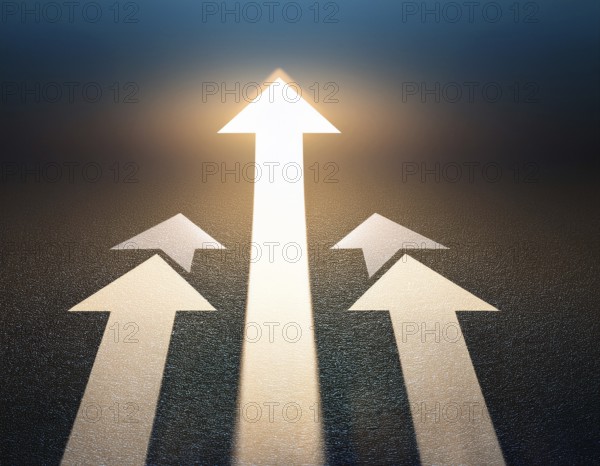 A bold blue arrow pointing upward, surrounded by four silver arrows. Represents leadership,