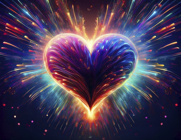 Colorful artistic display featuring vibrant light patterns shaped like a heart, expressing love and