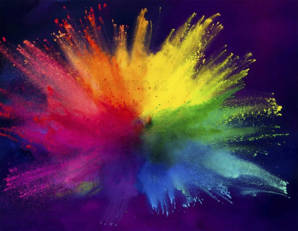Colorful abstract art depicting a vibrant explosion of rainbow hues on a dark background, evoking