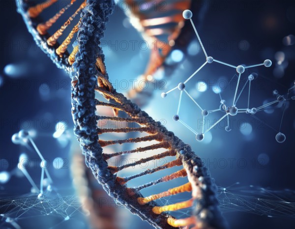 Colorful depiction of a DNA strand, highlighting molecular connections and biology insights,