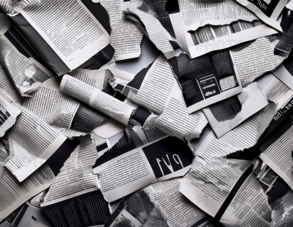 A collage of torn black-and-white newspaper and magazine pages creates a detailed and artistic