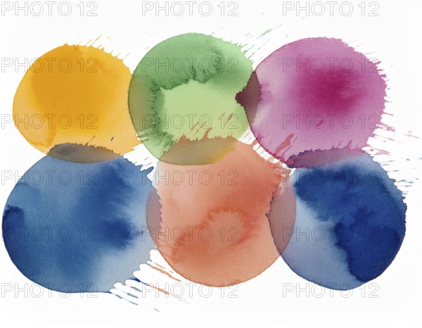 Colorful watercolor circles painted on a white background create a vibrant and artistic design.
