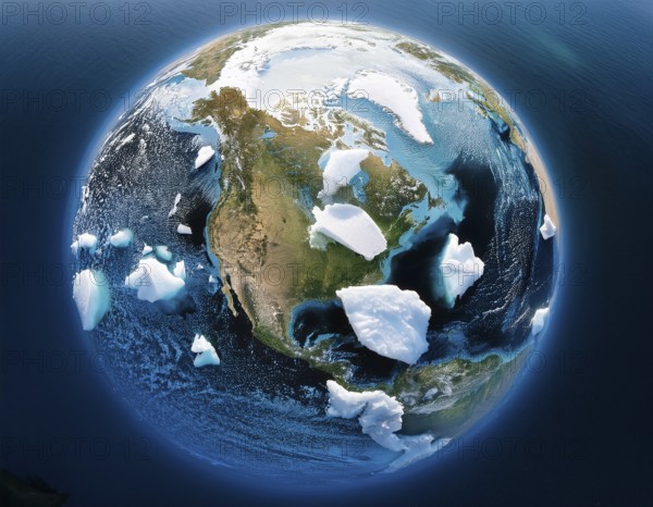 A symbolic depiction of Earth submerged in ocean water amidst melting ice, emphasizing climate