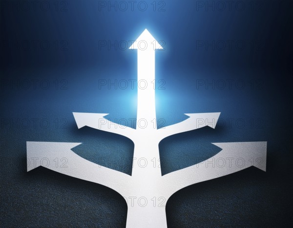 A bold blue arrow pointing upward, surrounded by four silver arrows. Represents leadership,