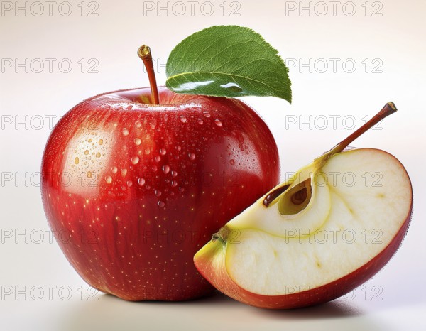 Close-up of a vibrant red apple with a green leaf and a sliced half, showcasing its glossy texture