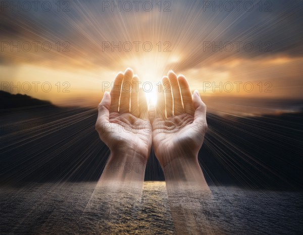 Image of open hands embracing a radiant light source, embodying concepts of hope, spirituality, and
