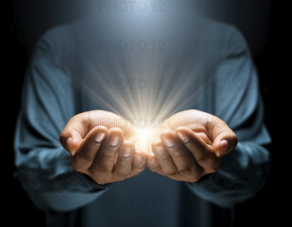 Individual Worship at Home. Image of open hands embracing a radiant light source, embodying