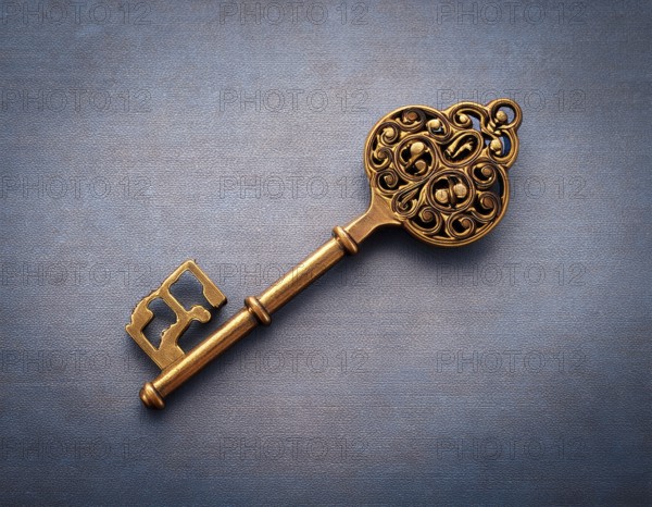 The intricately designed antique gold key lies on a dark leather surface, exuding mystery and