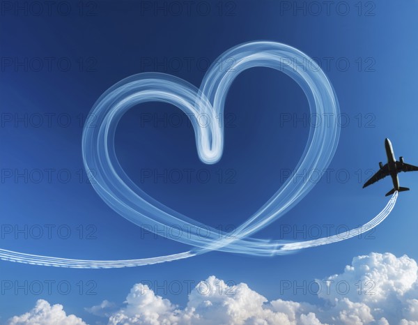 An airplane creates heart-shaped contrails in a vivid blue sky above fluffy white clouds,