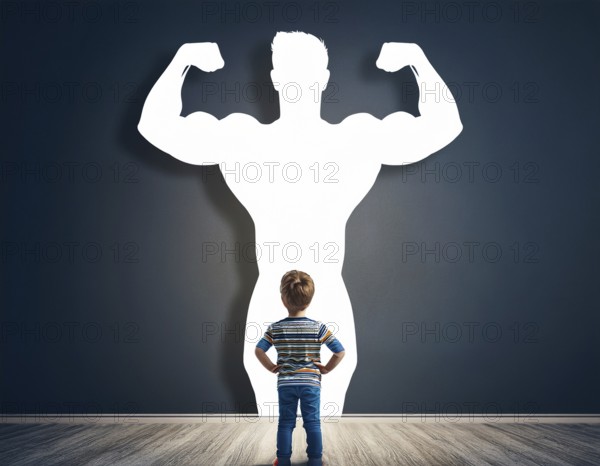 A young boy gazes at his shadow, transformed into a superhero, symbolizing imagination, dreams, and
