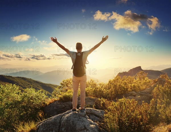 A serene scene of a person on a mountain summit, watching the sunrise over misty valleys, conveys