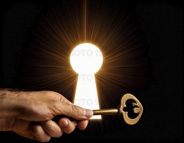A hand holds an antique key, leading to a bright light in a keyhole shape, symbolizing opportunity,