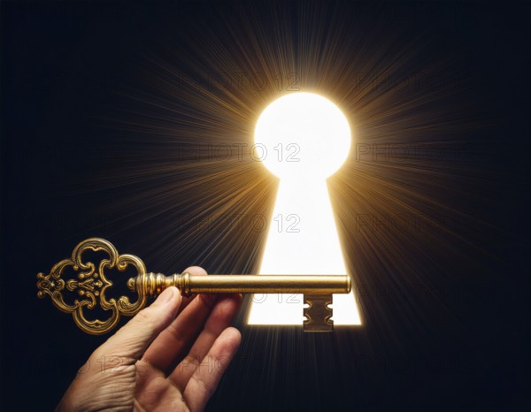 A hand holds an antique key, leading to a bright light in a keyhole shape, symbolizing opportunity,