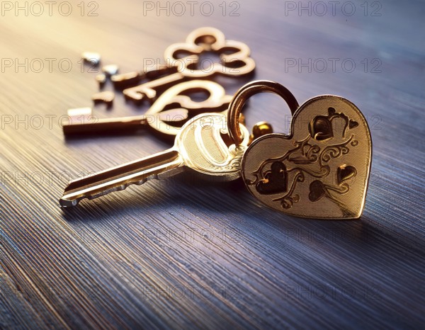 Elegant heart-shaped locket and intricate key on textured surface, surrounded by glowing hearts. An