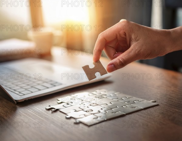 A person's hand placing a puzzle piece on a reflective surface in an office setting as the sun