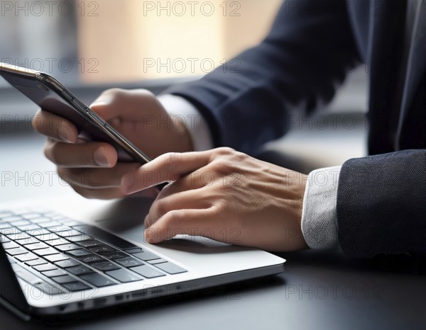 A man in a professional office environment multitasking with a smartphone and laptop, conveying