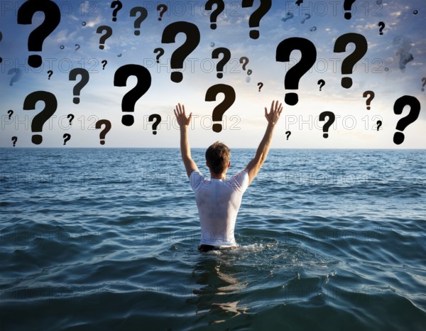 An extended hand emerges from water surrounded by floating question marks, artistically