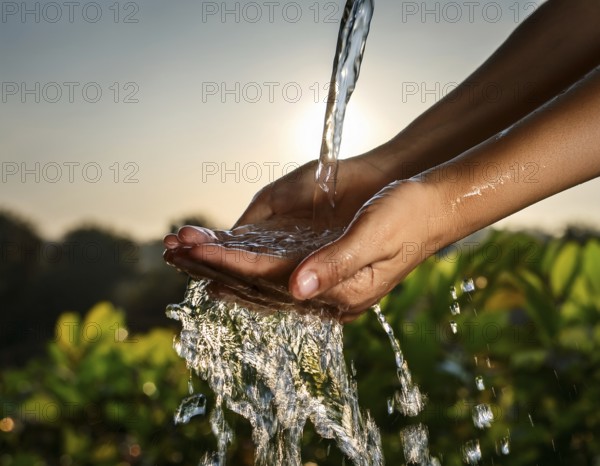 A pair of human hands collecting fresh water flowing from a source, surrounded by grassy landscape,