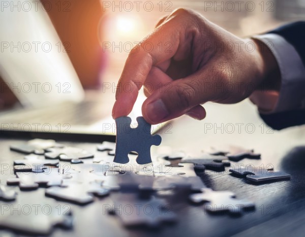 A person's hand placing a puzzle piece on a reflective surface in an office setting as the sun