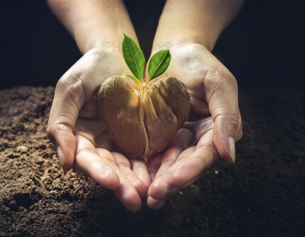 Hands gently cradle soil with a heart-shaped tree, symbolizing environmental care, growth, and