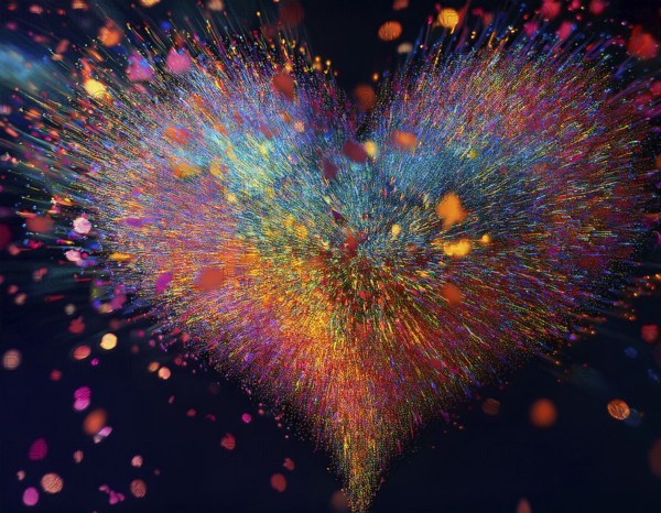 Colorful light particles form a radiant and dynamic heart shape against a dark background,