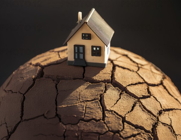 A miniature house and bare tree on cracked soil with a vivid orange sunset, symbolizing