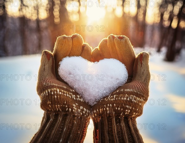 Serene winter scene showcasing hands in gloves holding a snow heart symbolizing love and warmth, AI