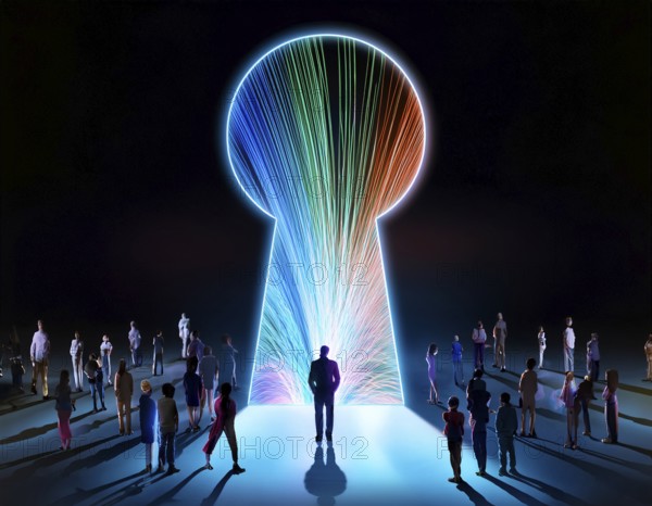 A vast group of people color light trails walking towards a glowing light keyhole in a symbolic