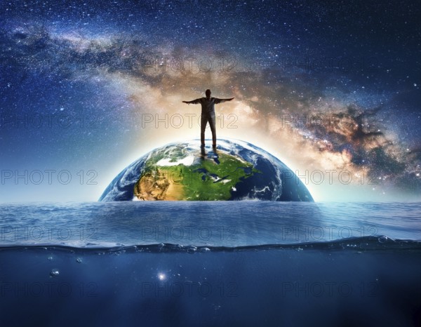 A symbolic depiction of Earth submerged in ocean water amidst melting ice, emphasizing climate