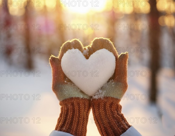 Serene winter scene showcasing hands in gloves holding a snow heart symbolizing love and warmth, AI