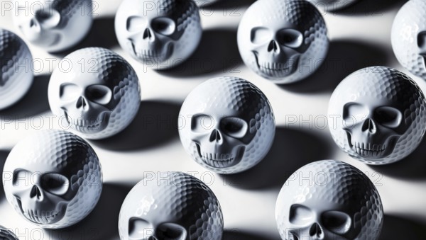 Golf balls with skull designs arranged in a pattern, casting shadows, creating an eerie atmosphere,