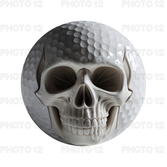 A white golf ball features a detailed skull design on white background that adds a spooky touch for