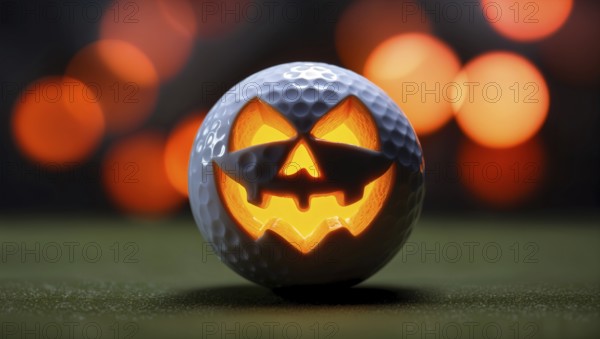 Glowing carved jack o lantern golf ball on Halloween night at golf course with festive lights in