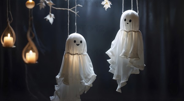 Two hanging ghost decorations with happy faces and candles, creating a whimsical Halloween