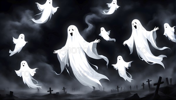 Cartoon ghosts floating in a misty cemetery, creating a spooky and eerie atmosphere at Halloween